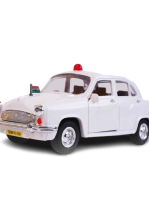 Front view of classic Indian Ambassador toy car white color with authentic grill design