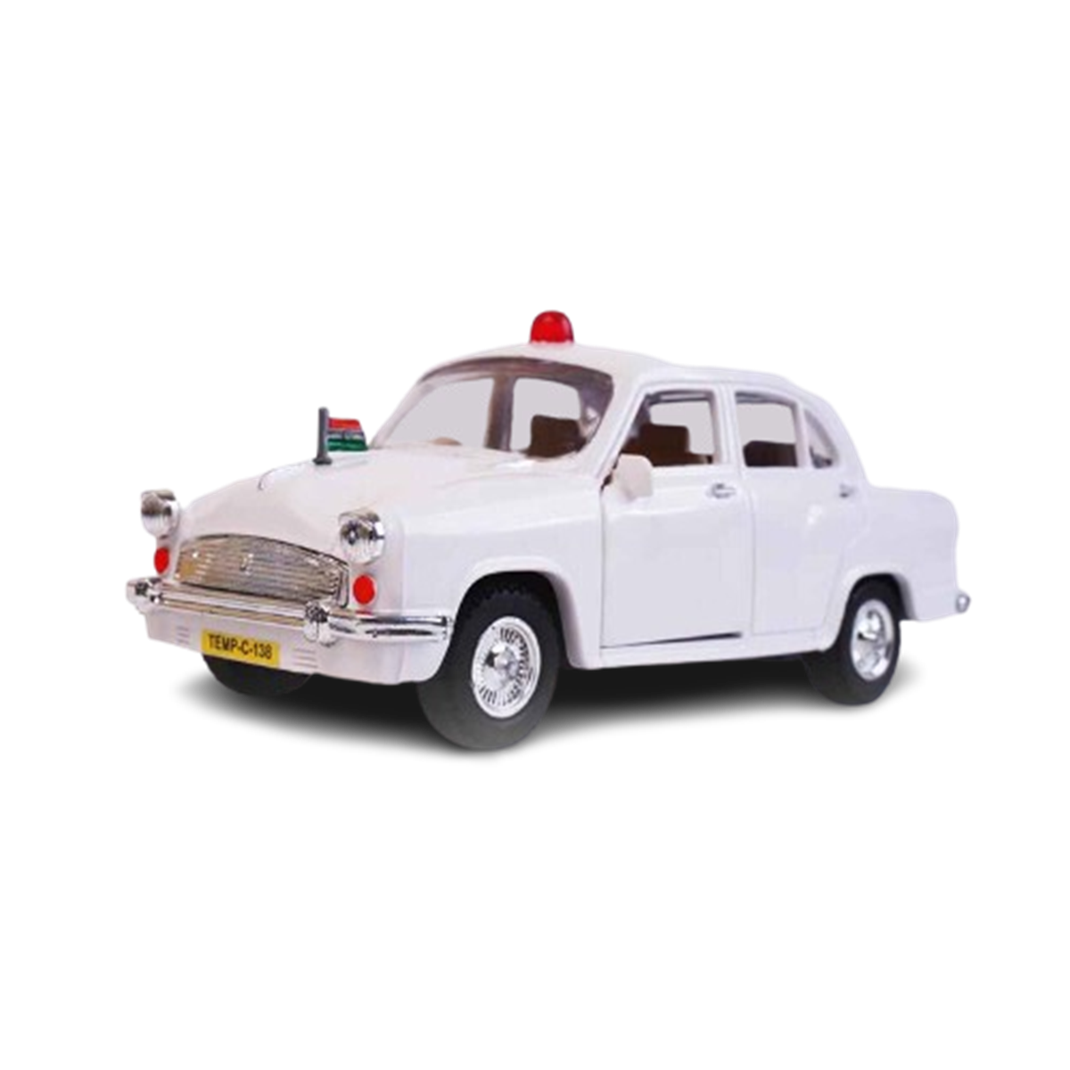 Front view of classic Indian Ambassador toy car white color with authentic grill design