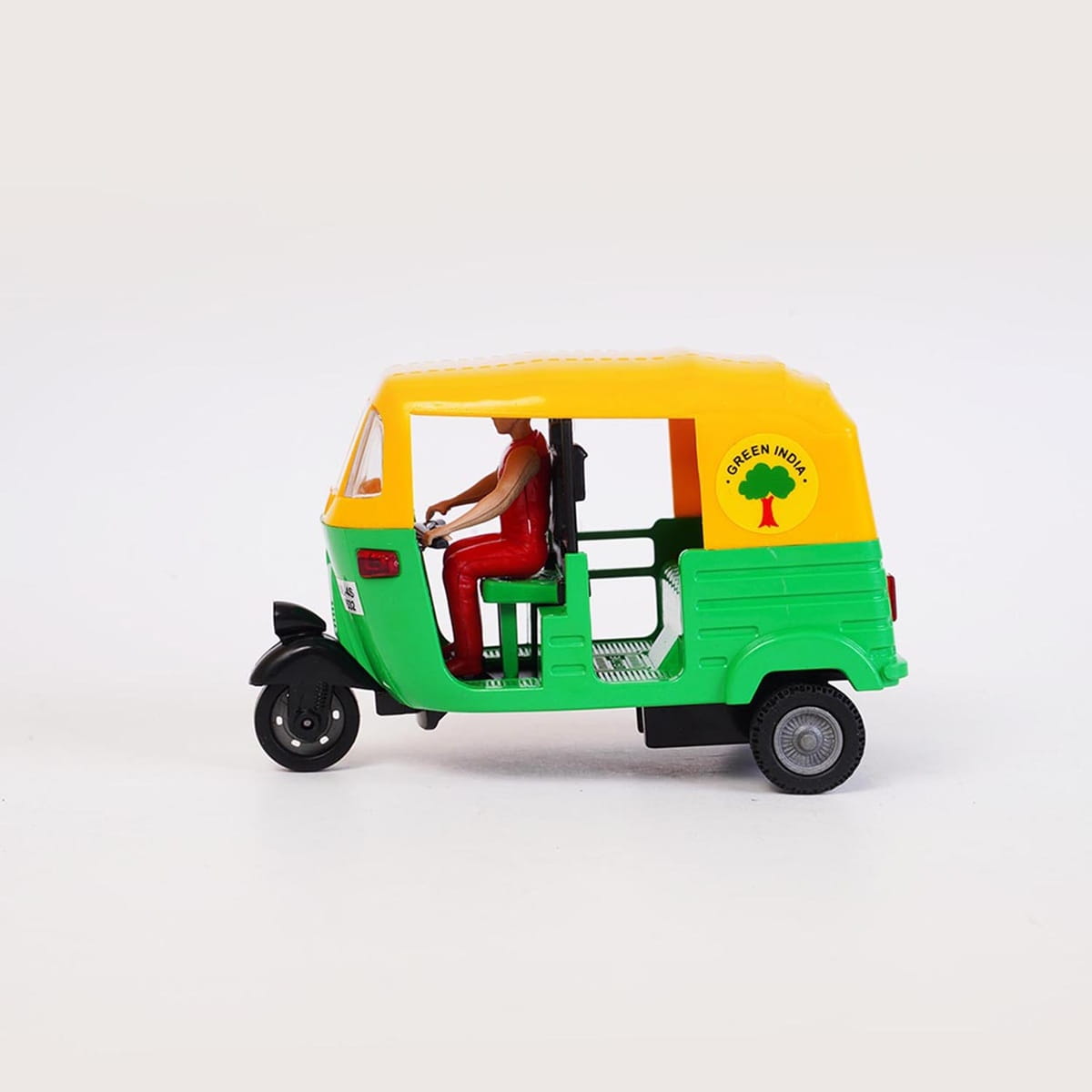 Offer Hunters pull back Auto Rickshaw zooming forward on a flat surface, displaying its public transport design.