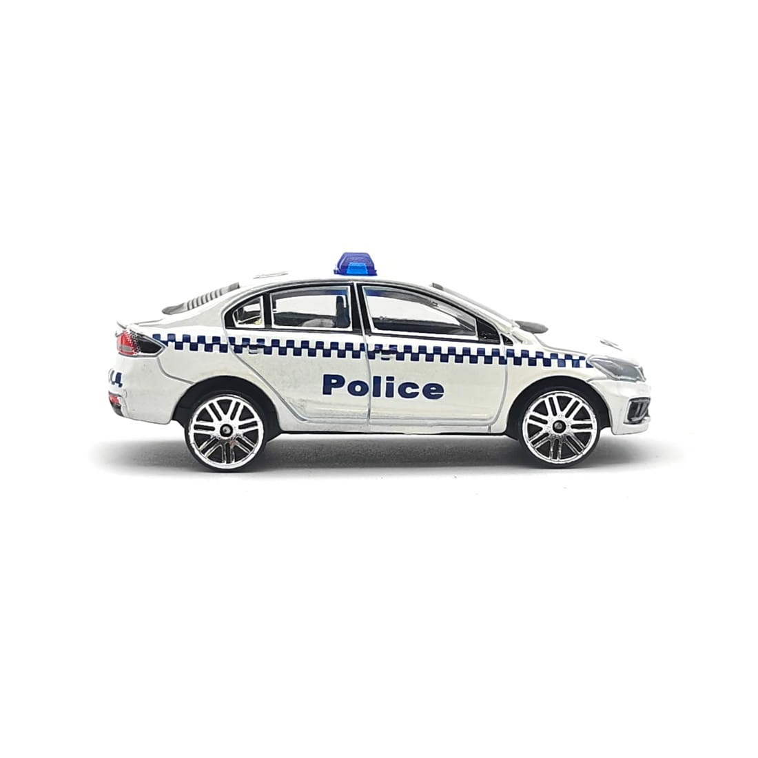 Side view of Offer Hunters Australian Police toy car showing the metal body shell and detailed police livery