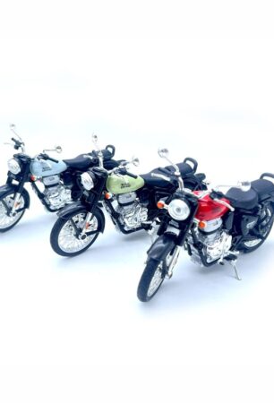 Offer Hunters Royal Enfield Classic 350 toy bike gleaming in Maroon Red, showing the pull-back rear wheel and chrome exhaust pipe.