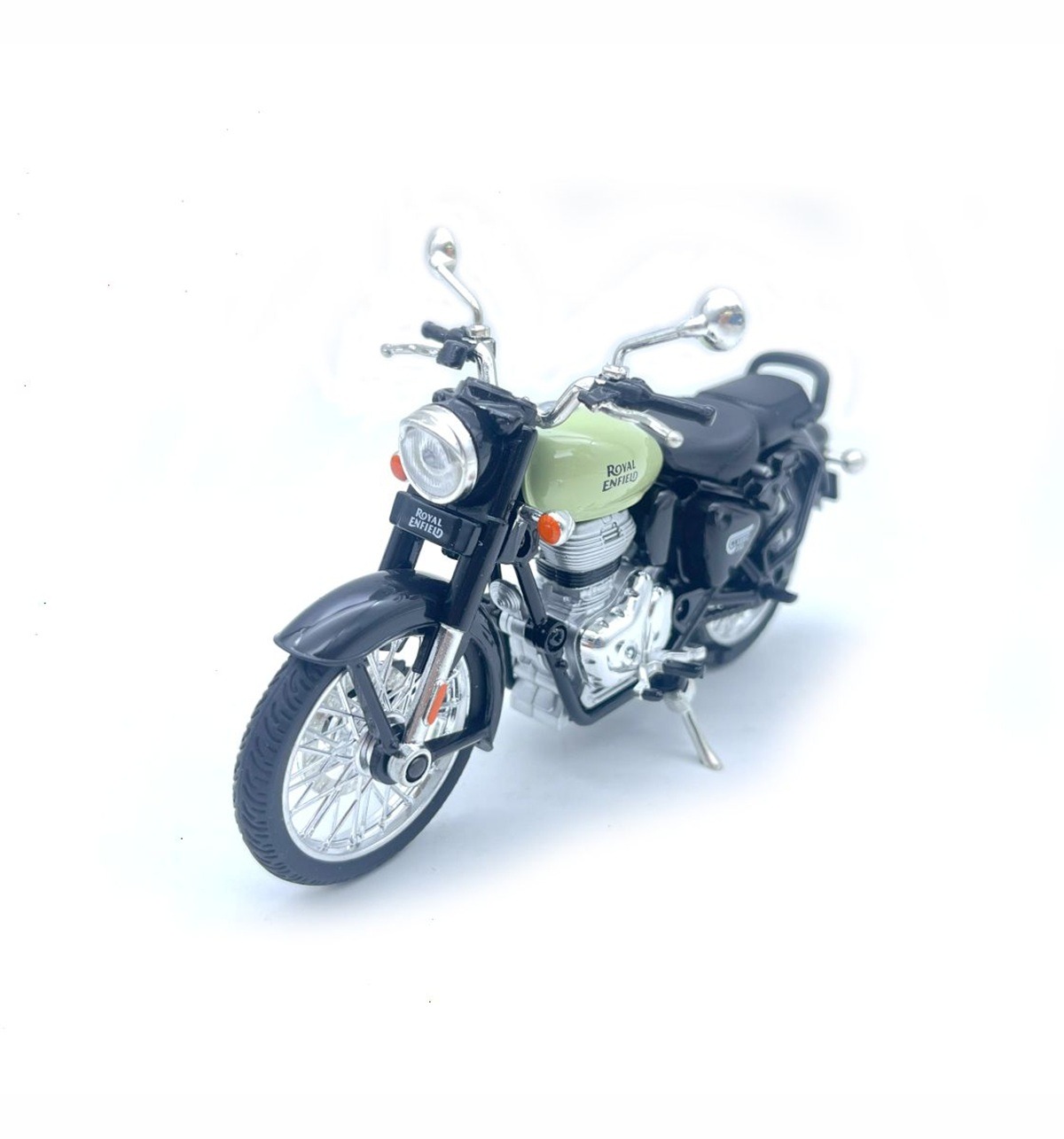 Gunmetal Gray version of the Royal Enfield toy motorcycle, 1:15 scale, displayed with the interchangeable tank feature highlighted.