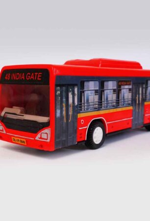 Red low floor toy bus with realistic side graphics