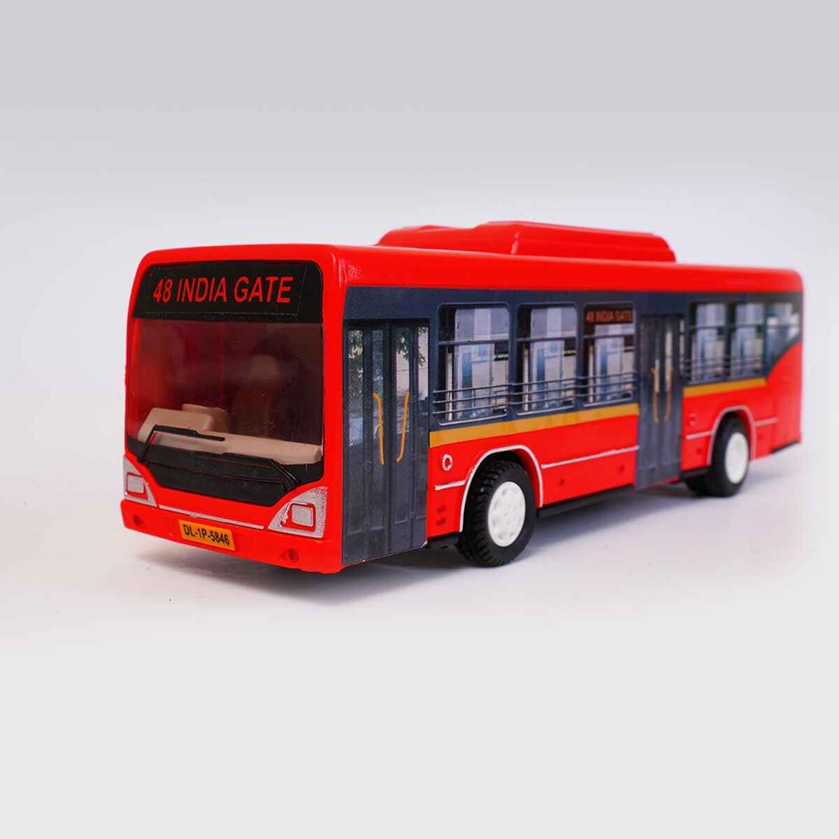 Red low floor toy bus with realistic side graphics